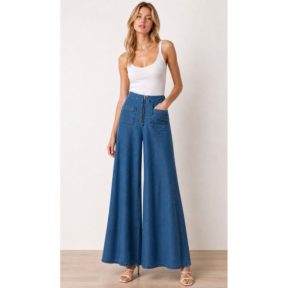 Wide Leg Bell Bottom Chambray Pant Double Front Pocket Zipper Fly NWT 2 29" Tall
